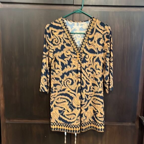 Soft Surroundings Gold & Navy Blue Beaded V-neck - Picture 1 of 5